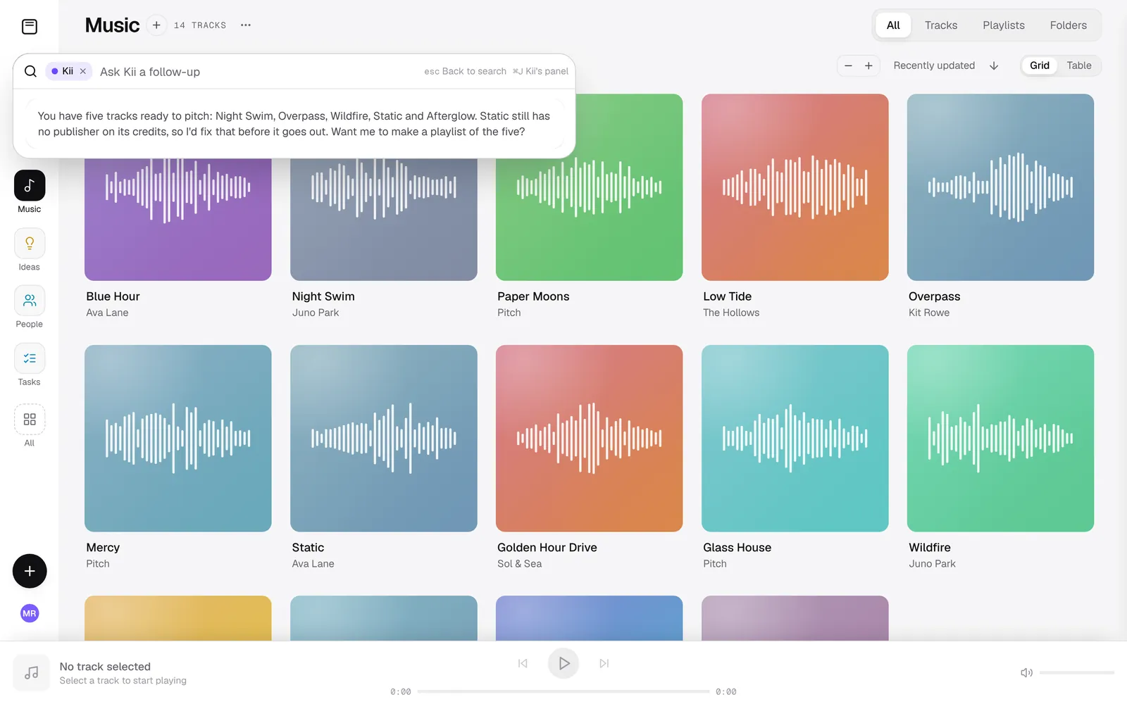 Kii answering in the search bar over the Music page: five tracks ready to pitch, and one still missing a publisher on its credits